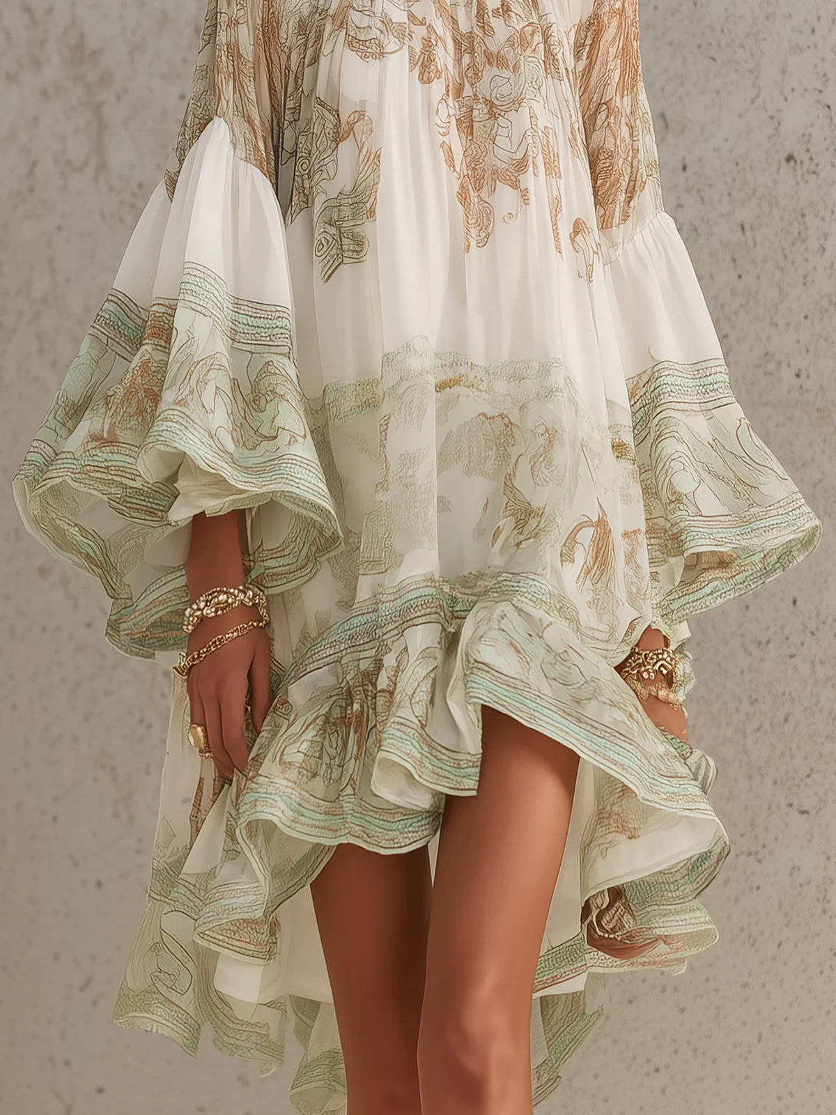 Rosalie | Robe mini en mousseline avec manches volantées et ourlet à rayures vertes