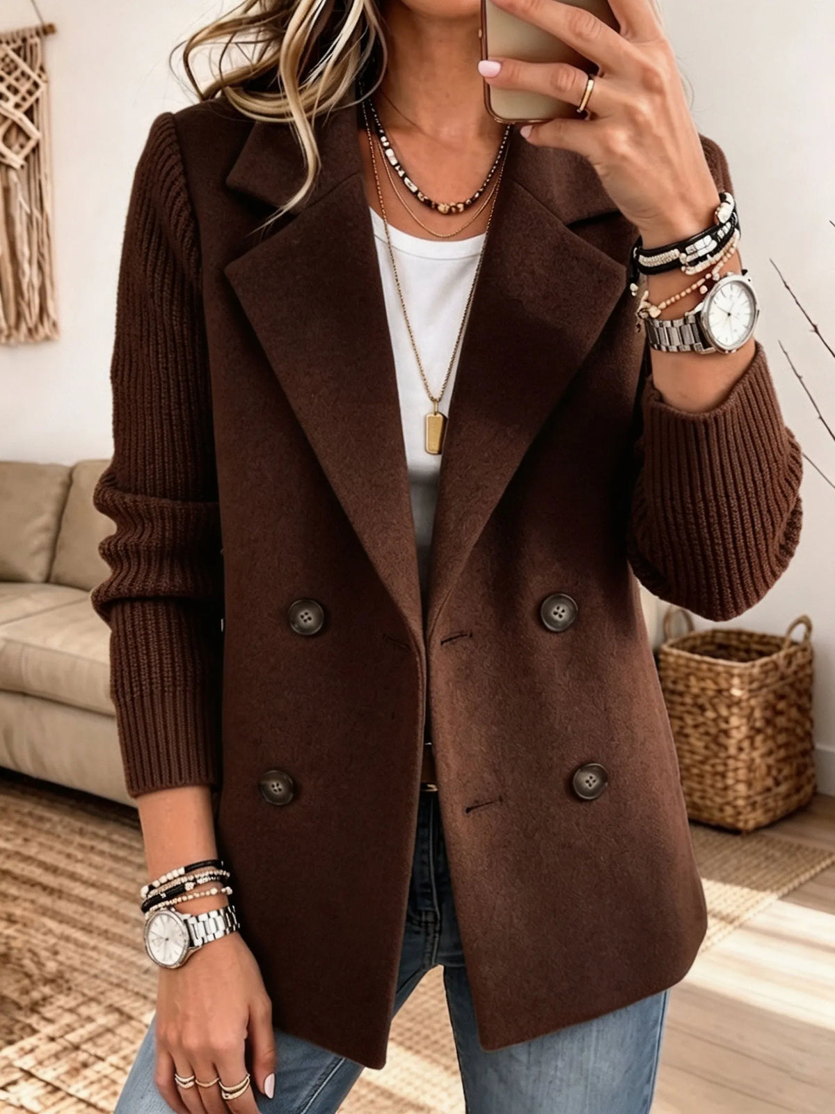 Blazer Elegante com Mangas de Malha Castanho