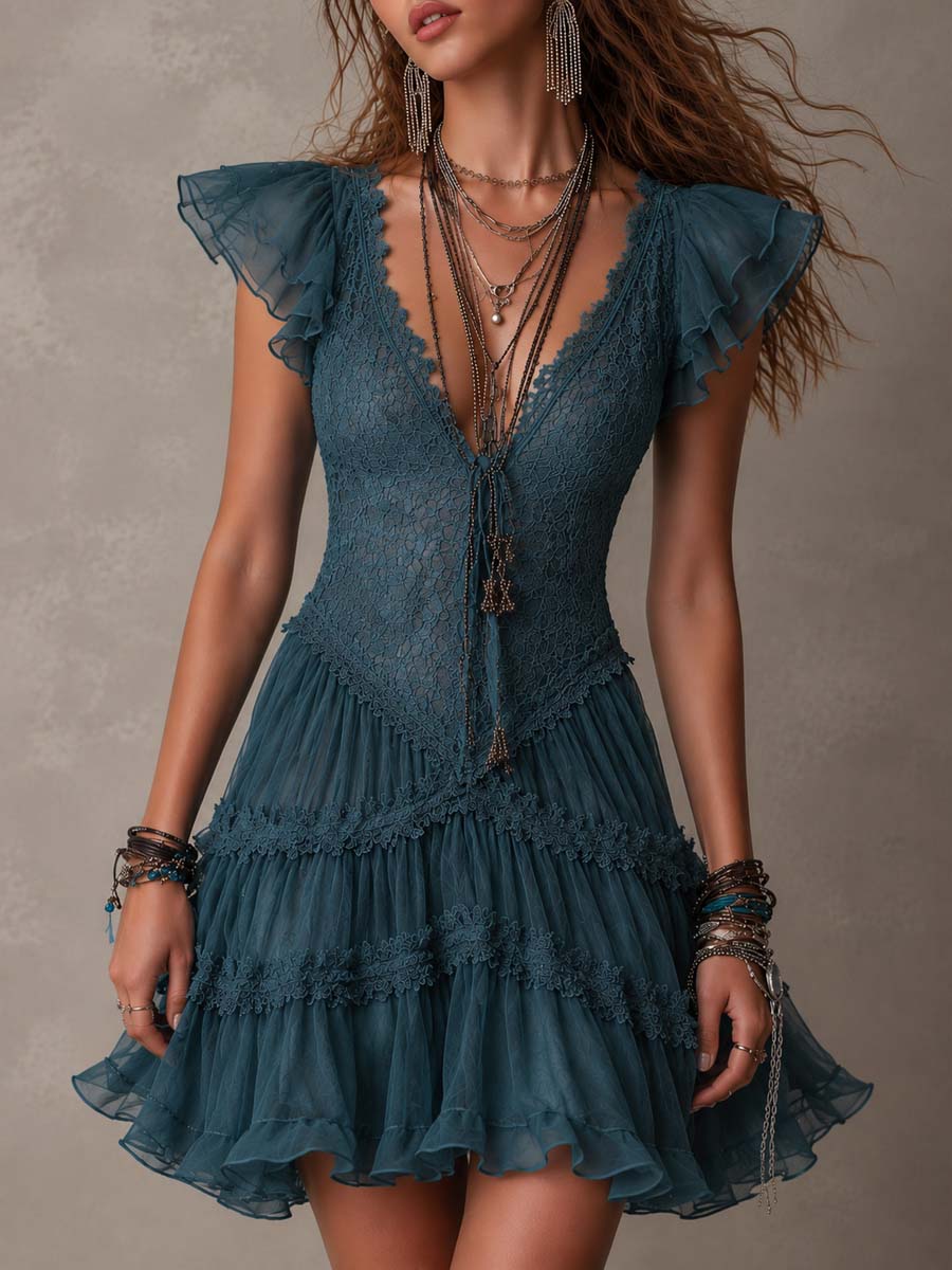 Delphine | Mini Vestido Volantes Encaje Gasa Azul Retro