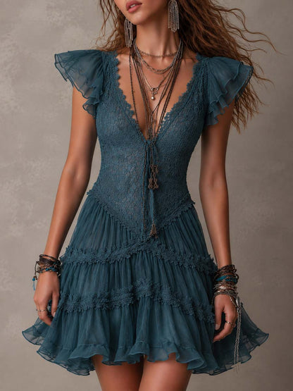 Delphine | Mini Vestido Volantes Encaje Gasa Azul Retro