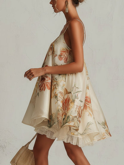 Blanche | Robe mini trapèze en organza fleuri beige à bordure en dentelle