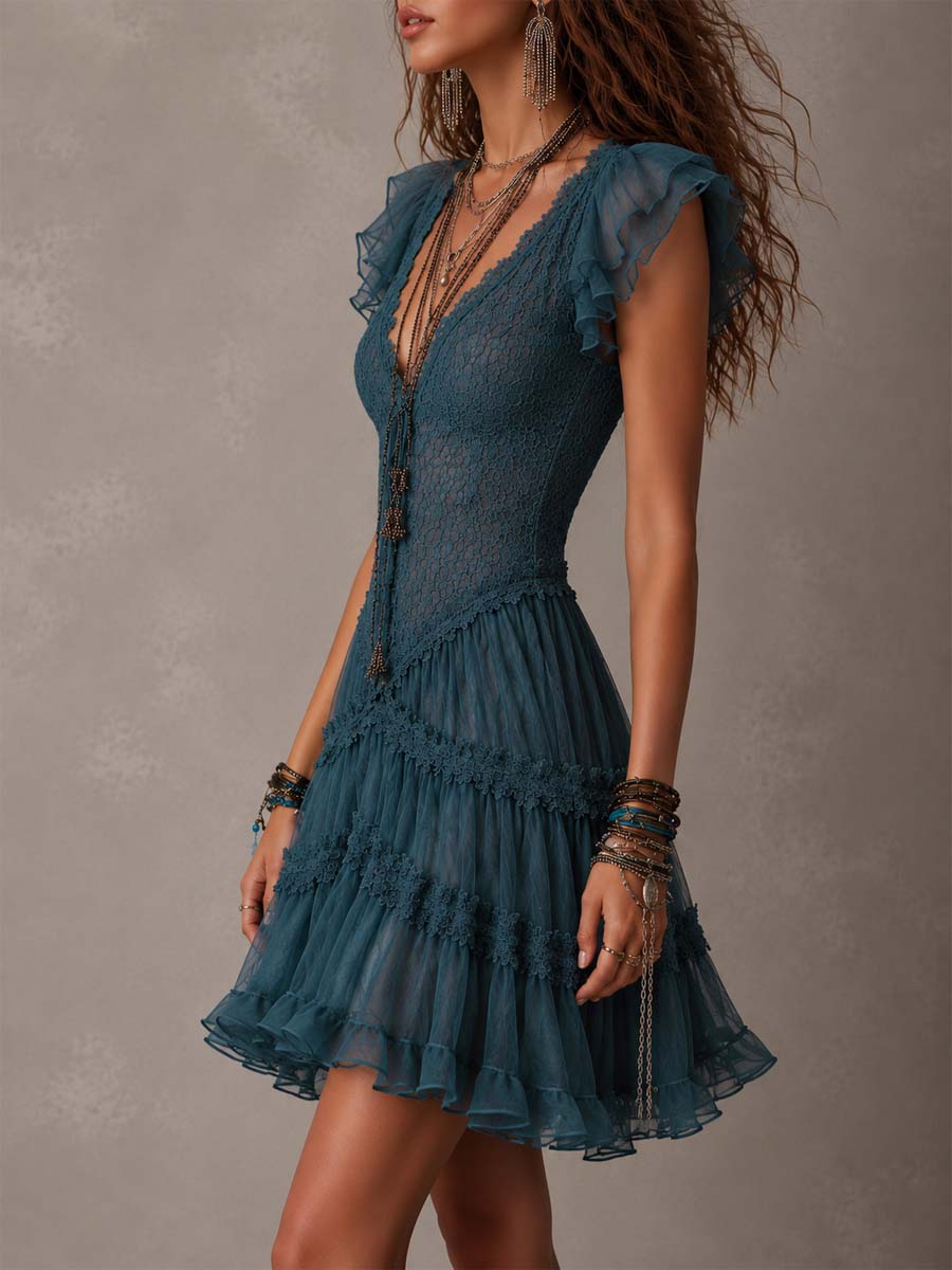 Delphine | Mini Vestido Volantes Encaje Gasa Azul Retro
