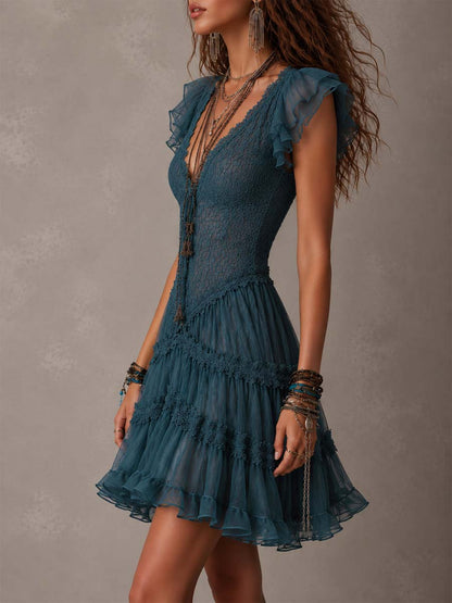 Delphine | Mini Vestido Volantes Encaje Gasa Azul Retro