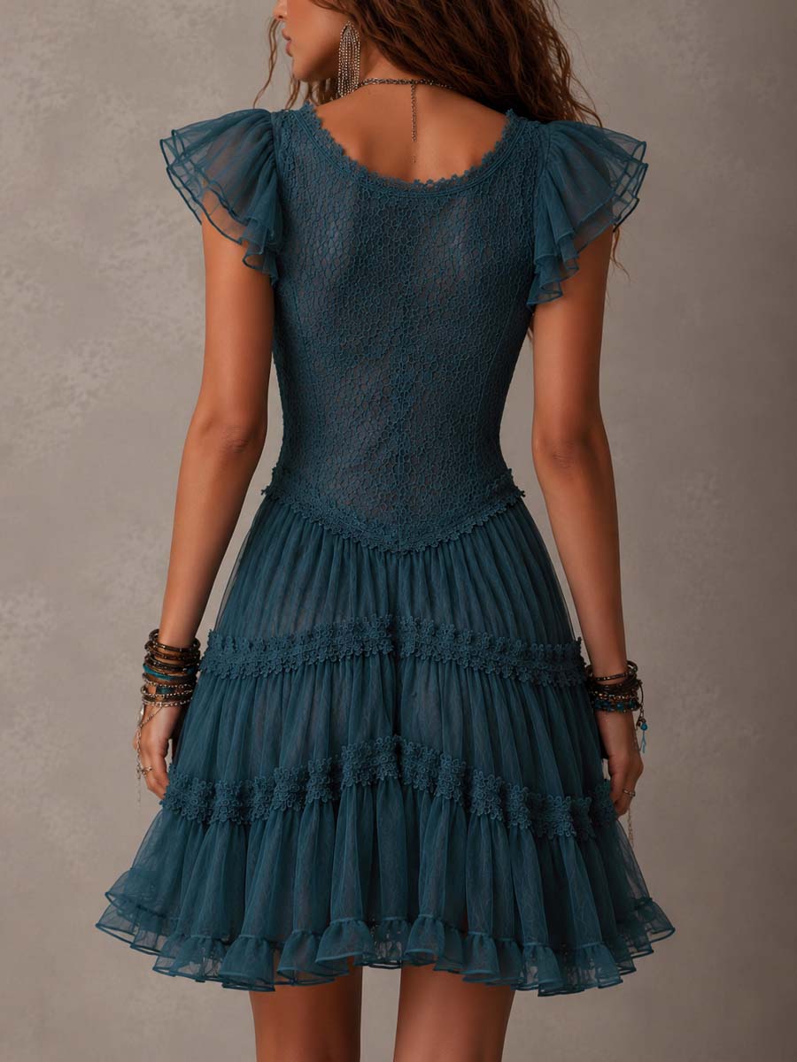 Delphine | Mini Vestido Volantes Encaje Gasa Azul Retro