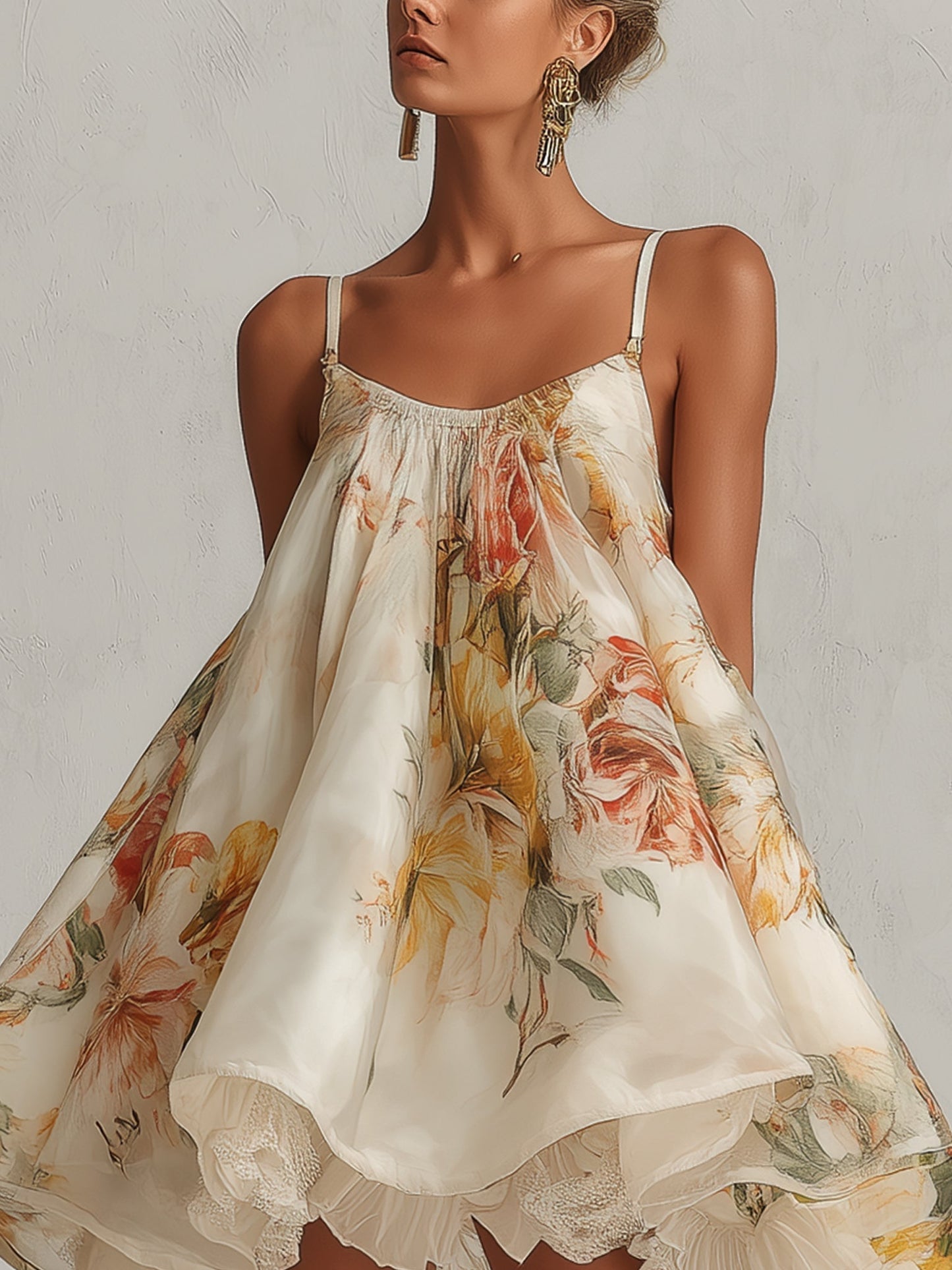 Blanche | Robe mini trapèze en organza fleuri beige à bordure en dentelle