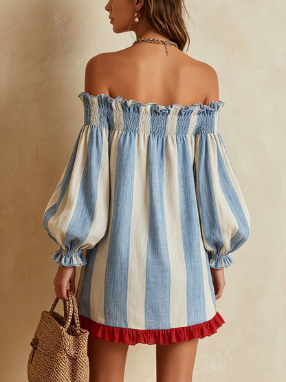 Ondine | Robe courte rayée bleue et blanche à épaules dénudées et ourlet contrastant