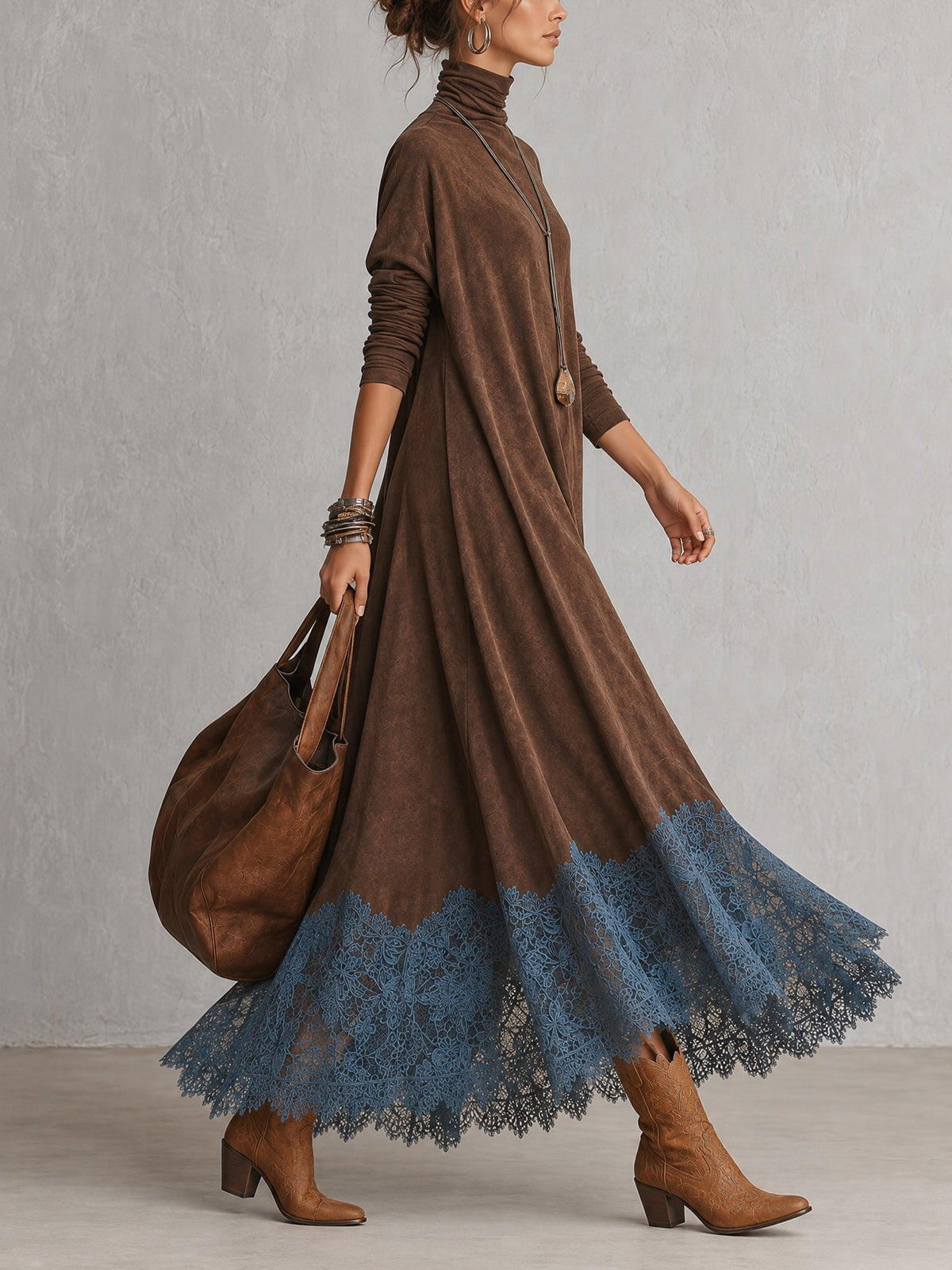 Vestido Comprido Efeito Camurça com Bainha de Renda