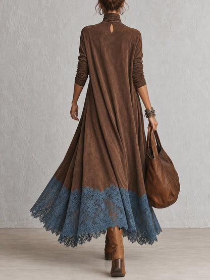 Vestido Comprido Efeito Camurça com Bainha de Renda