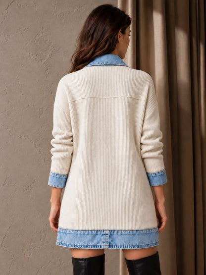 Manteau en maille côtelée élégant pour femme avec empiècements en jean