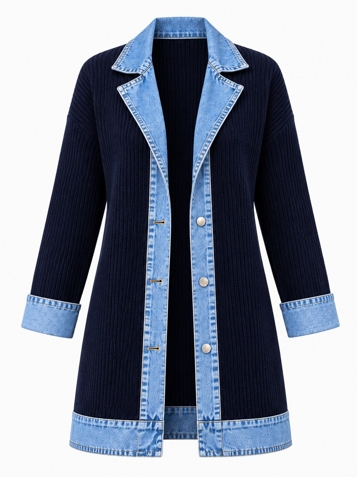 Manteau en maille côtelée élégant pour femme avec empiècements en jean
