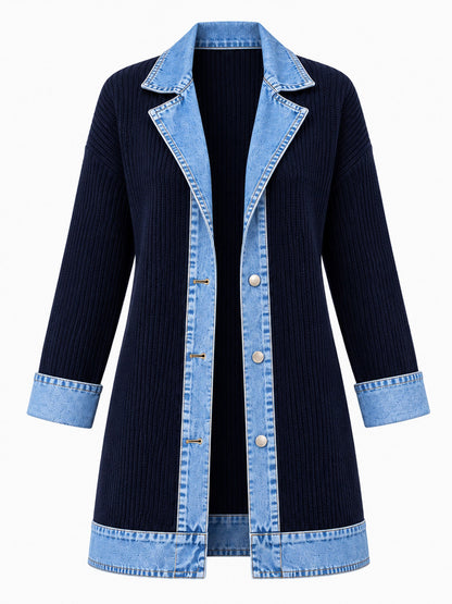 Manteau en maille côtelée élégant pour femme avec empiècements en jean