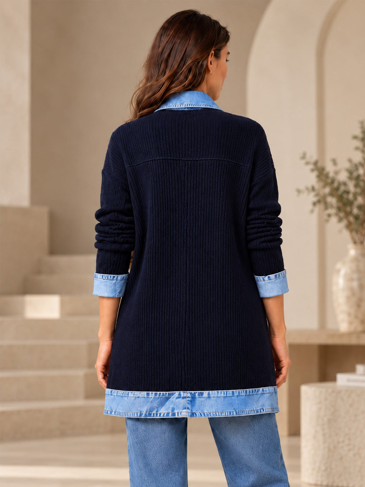 Manteau en maille côtelée élégant pour femme avec empiècements en jean