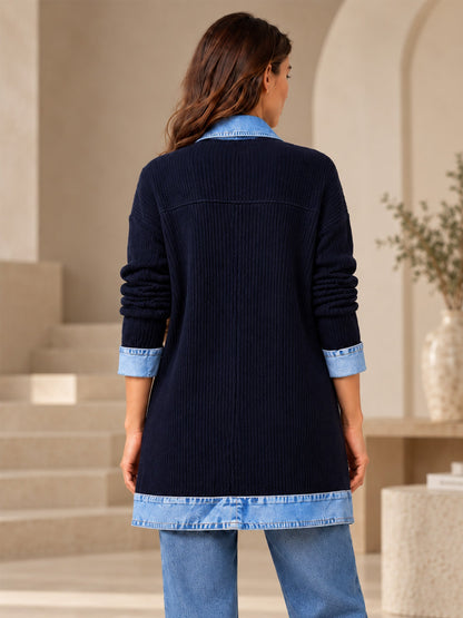 Manteau en maille côtelée élégant pour femme avec empiècements en jean