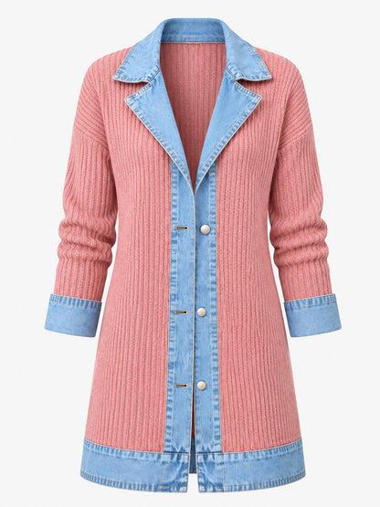 Manteau en maille côtelée élégant pour femme avec empiècements en jean