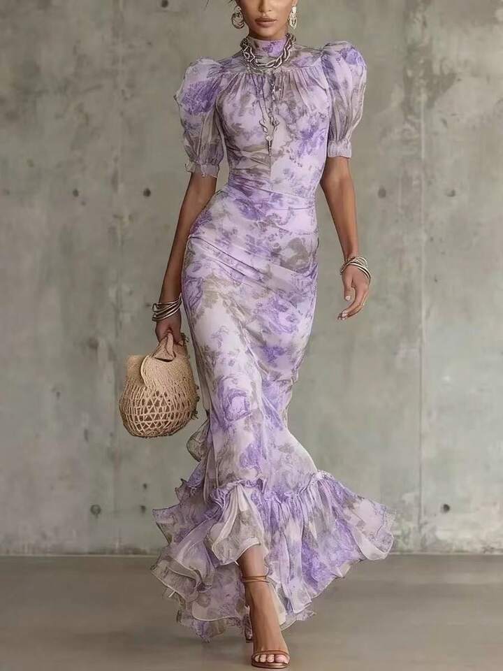 Robe longue Eugenia à motif floral vintage rose