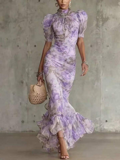 Robe longue Eugenia à motif floral vintage rose