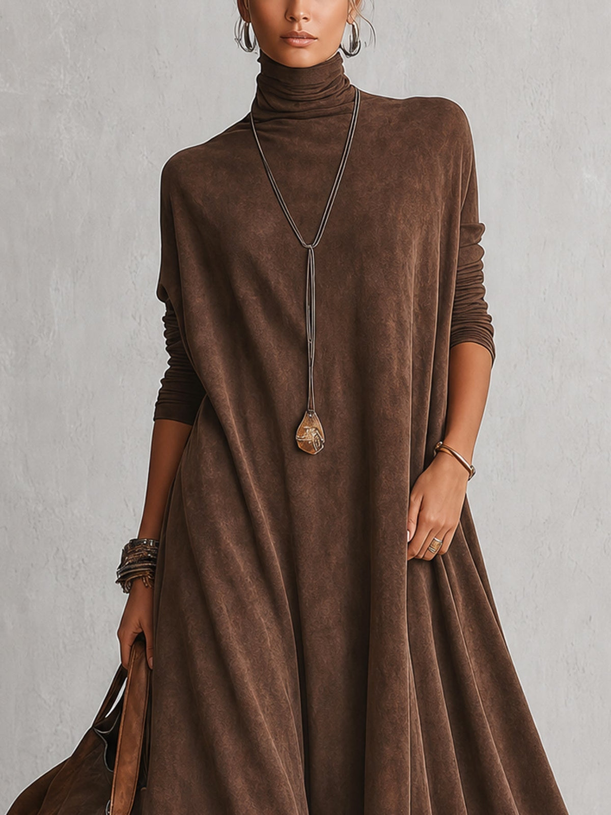 Vestido Comprido Efeito Camurça com Bainha de Renda
