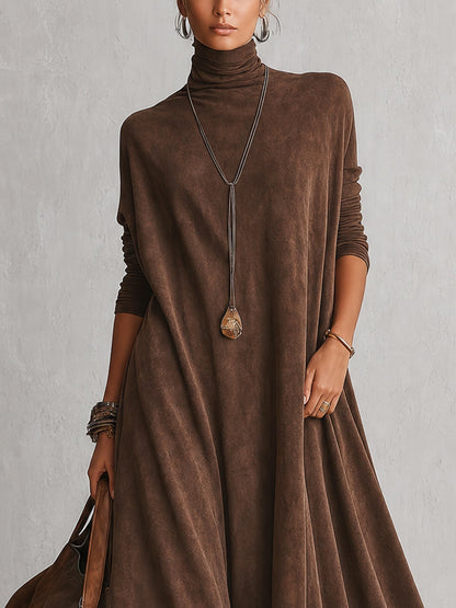 Vestido Comprido Efeito Camurça com Bainha de Renda