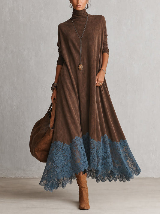 Vestido Comprido Efeito Camurça com Bainha de Renda