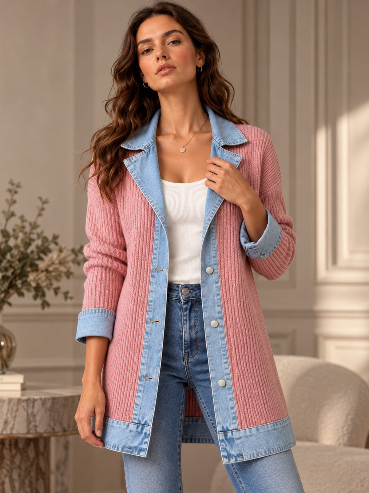 Manteau en maille côtelée élégant pour femme avec empiècements en jean