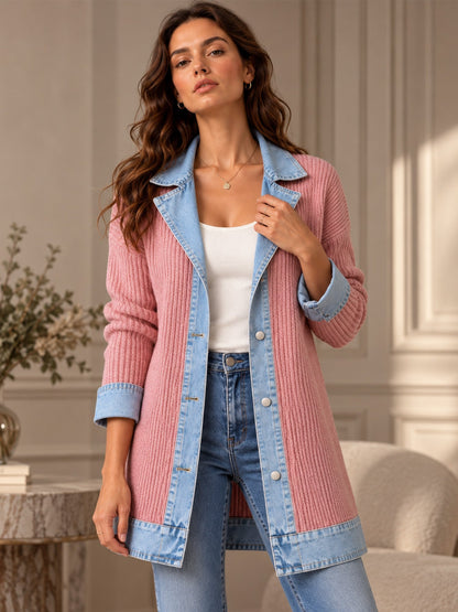 Manteau en maille côtelée élégant pour femme avec empiècements en jean