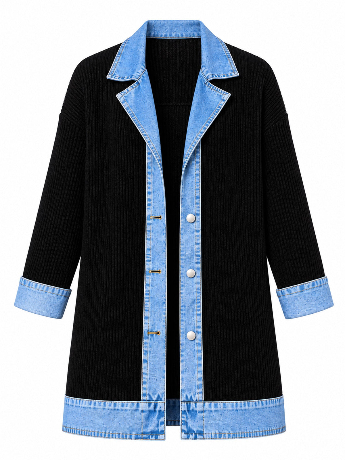Manteau en maille côtelée élégant pour femme avec empiècements en jean
