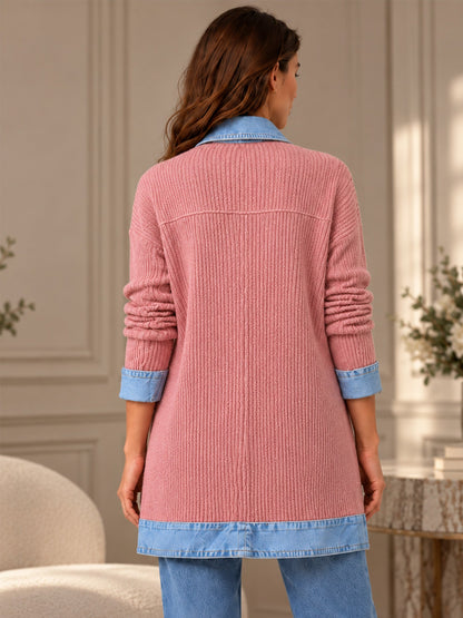 Manteau en maille côtelée élégant pour femme avec empiècements en jean