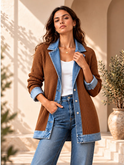 Manteau en maille côtelée élégant pour femme avec empiècements en jean