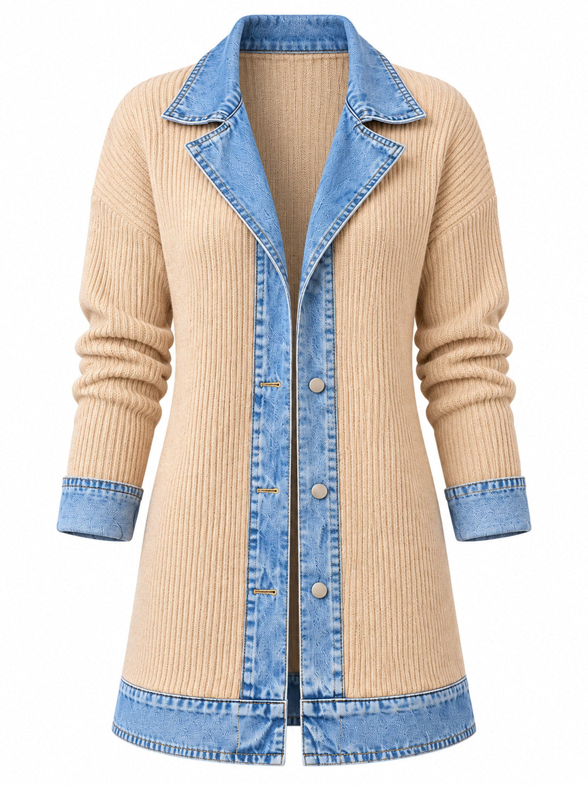 Manteau en maille côtelée élégant pour femme avec empiècements en jean
