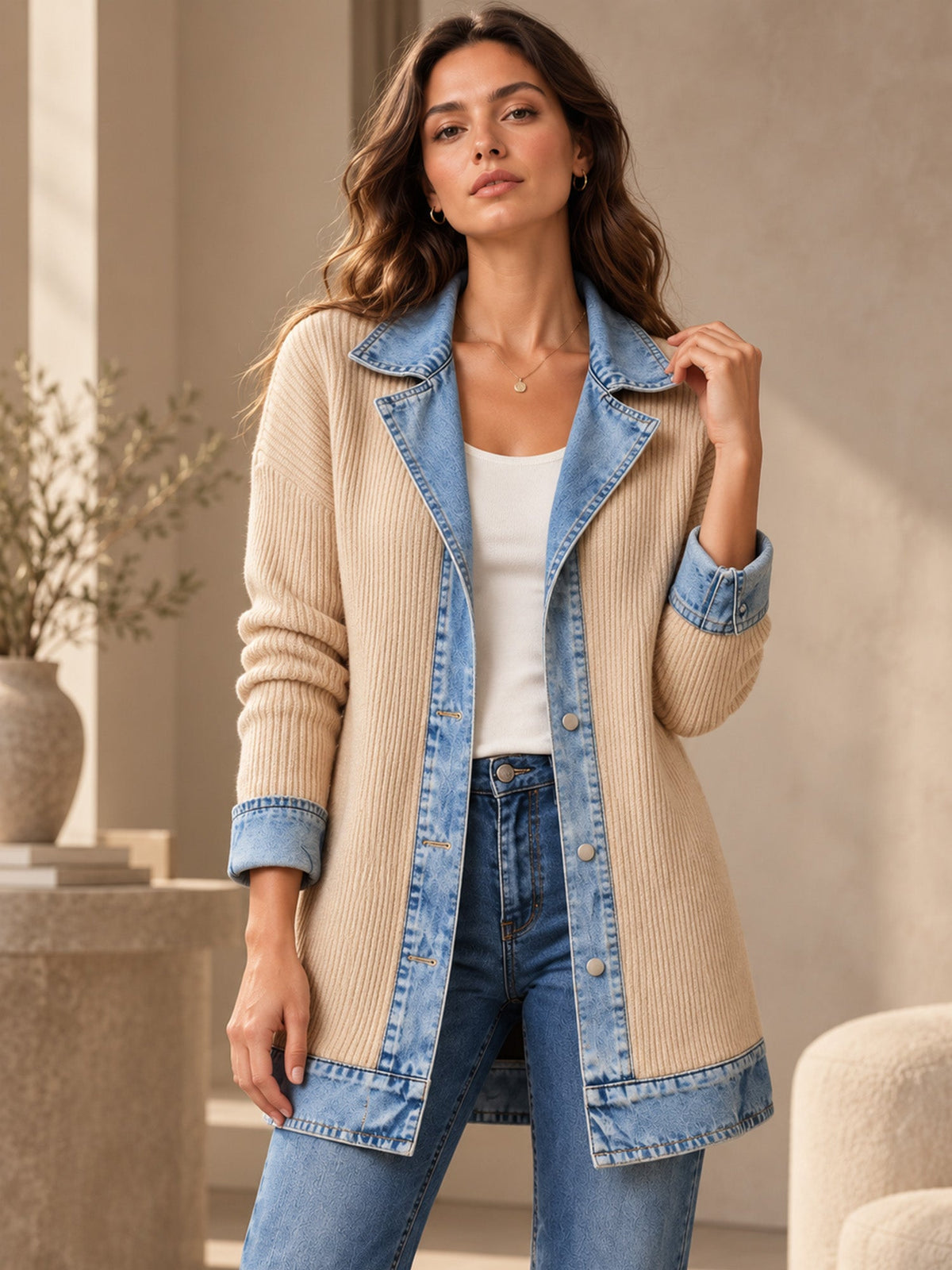 Manteau en maille côtelée élégant pour femme avec empiècements en jean