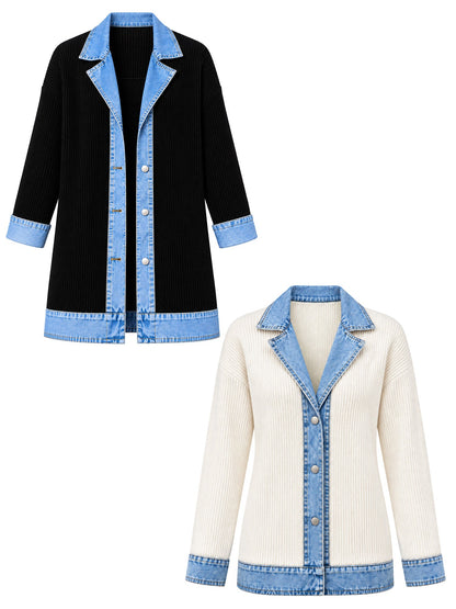 Manteau en maille côtelée élégant pour femme avec empiècements en jean