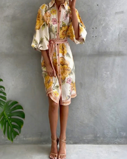 Robe Manche Lanterne Col Cranté Imprimé