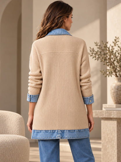 Manteau en maille côtelée élégant pour femme avec empiècements en jean