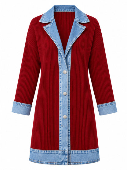 Manteau en maille côtelée élégant pour femme avec empiècements en jean