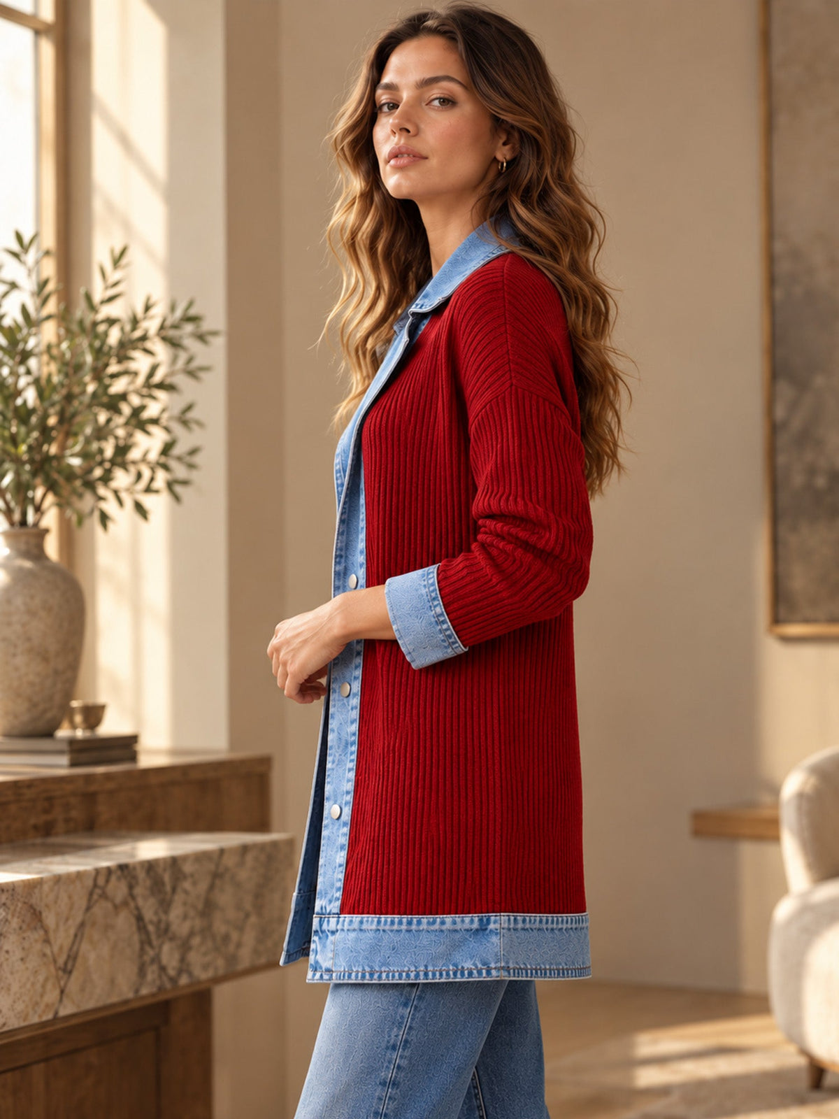 Manteau en maille côtelée élégant pour femme avec empiècements en jean