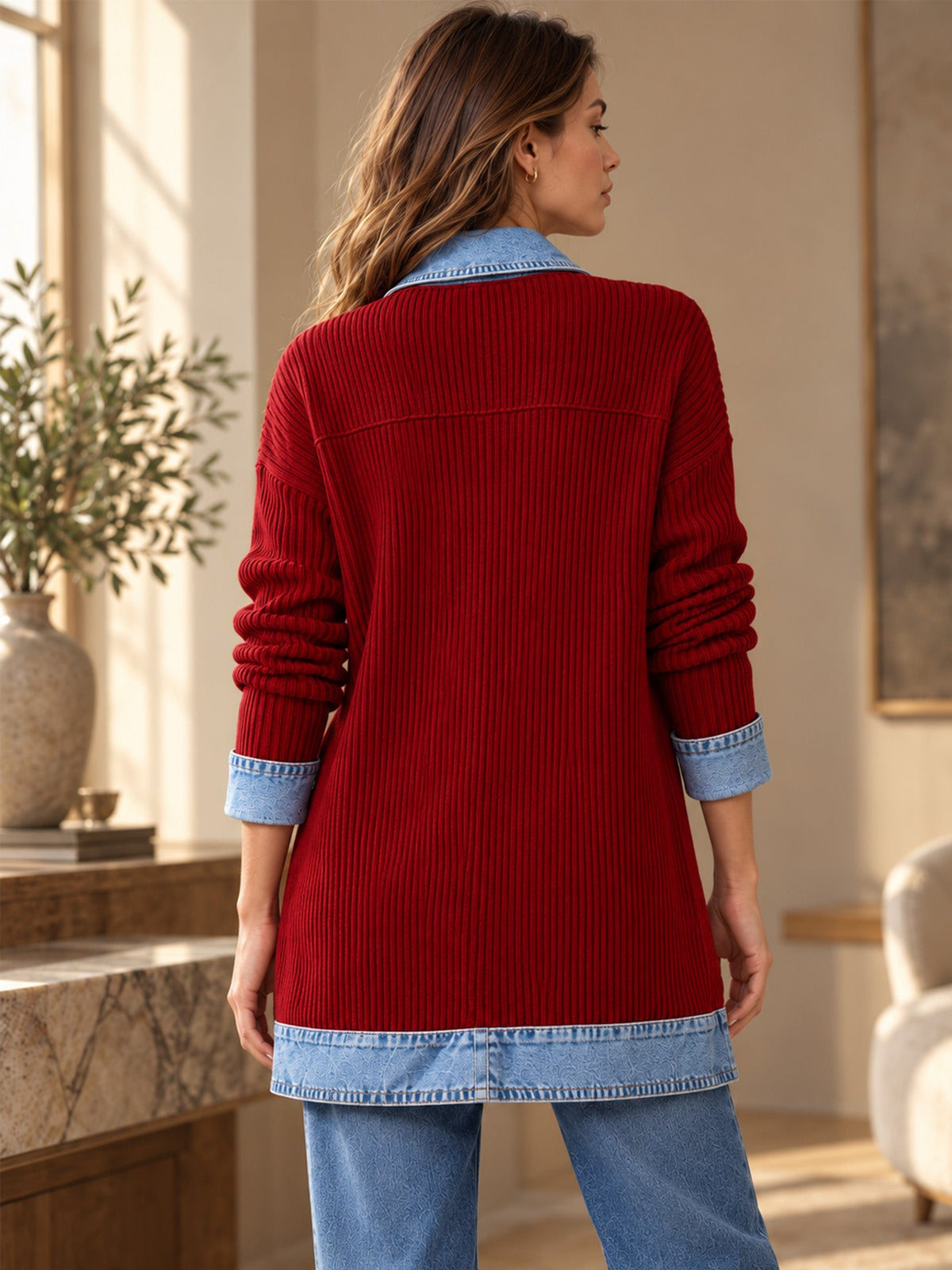 Manteau en maille côtelée élégant pour femme avec empiècements en jean