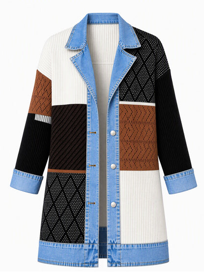 Manteau en maille côtelée élégant pour femme avec empiècements en jean