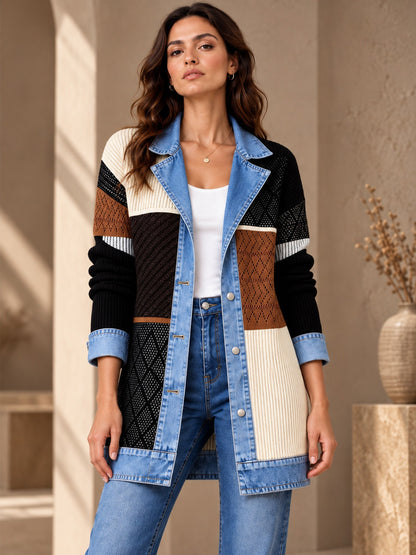 Manteau en maille côtelée élégant pour femme avec empiècements en jean