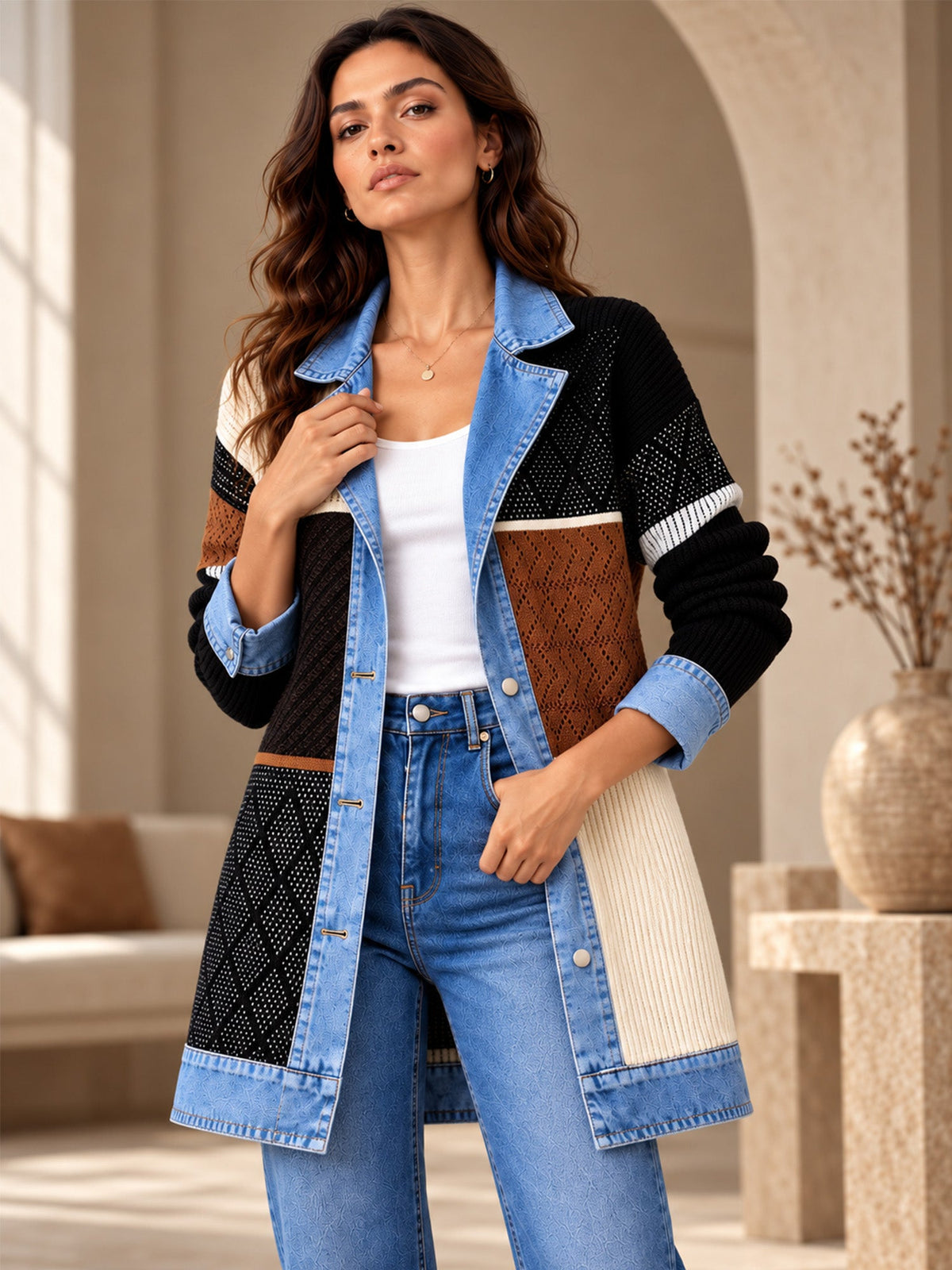 Manteau en maille côtelée élégant pour femme avec empiècements en jean