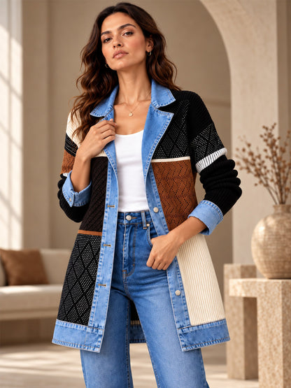 Manteau en maille côtelée élégant pour femme avec empiècements en jean