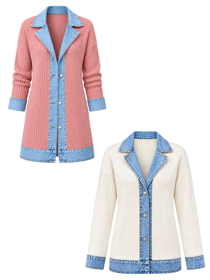 Manteau en maille côtelée élégant pour femme avec empiècements en jean