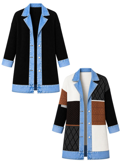 Manteau en maille côtelée élégant pour femme avec empiècements en jean