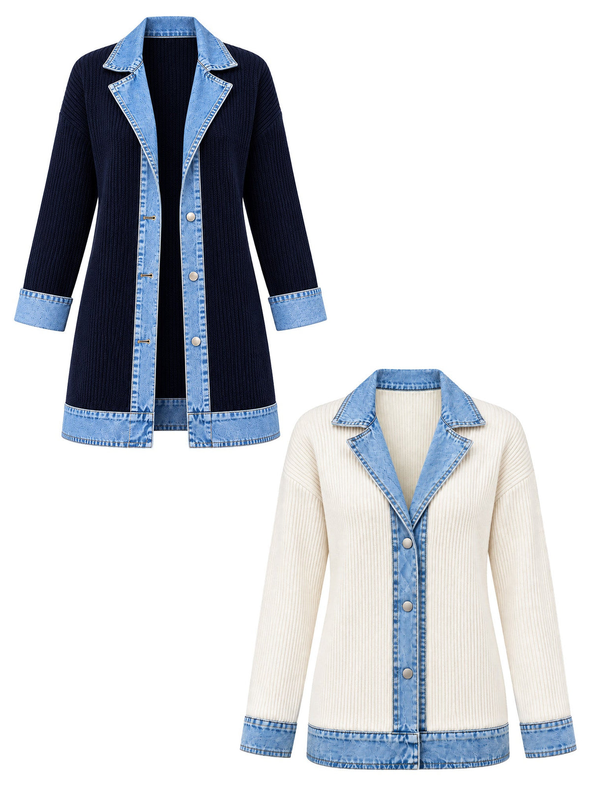 Manteau en maille côtelée élégant pour femme avec empiècements en jean