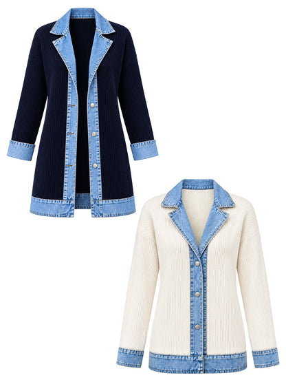 Manteau en maille côtelée élégant pour femme avec empiècements en jean