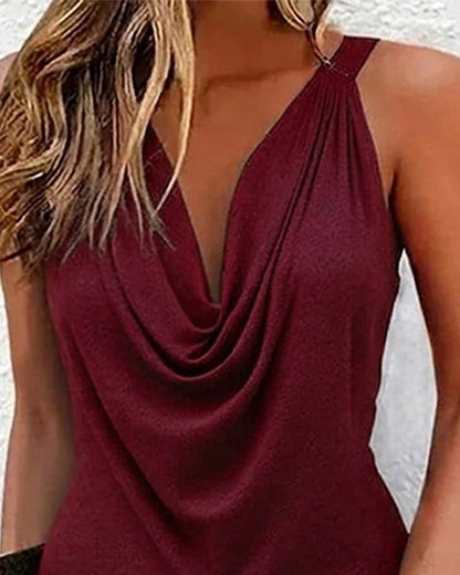 Robe Décontractée, Col Drapé, Sans Manches