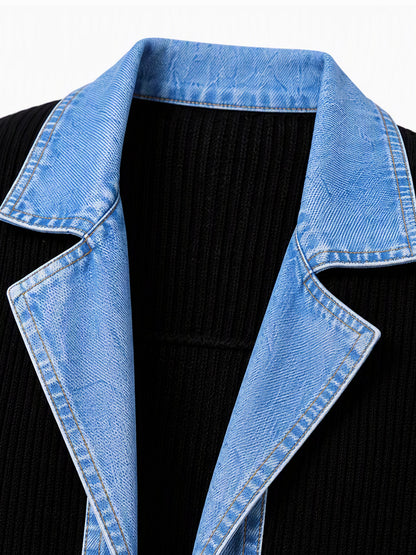 Manteau en maille côtelée élégant pour femme avec empiècements en jean