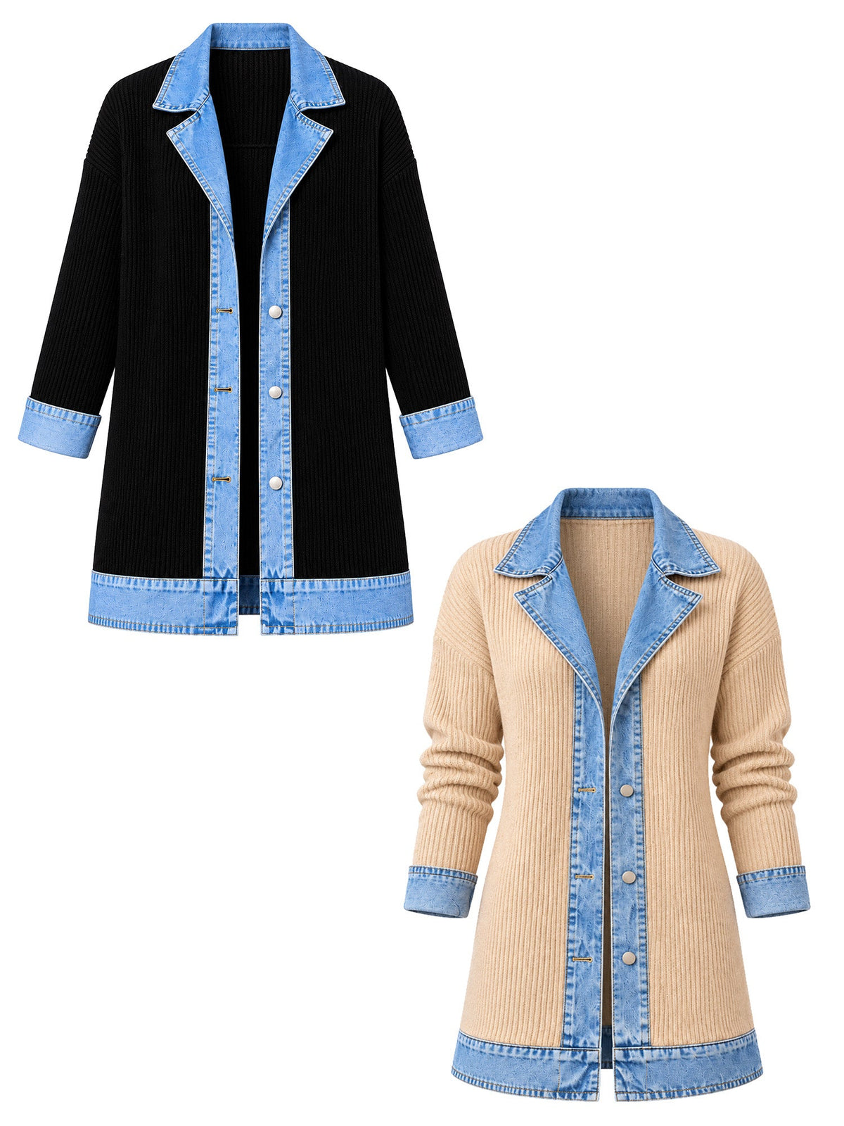 Manteau en maille côtelée élégant pour femme avec empiècements en jean