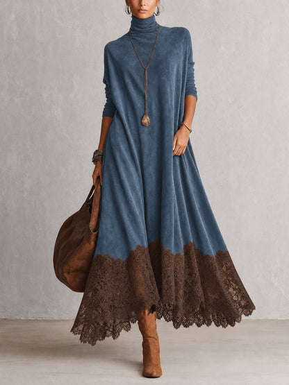 Vestido Comprido Efeito Camurça com Bainha de Renda