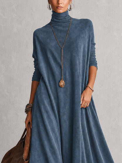 Vestido Comprido Efeito Camurça com Bainha de Renda