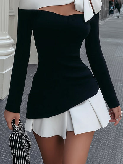 Faustine | Robe Mini Blanche et Noire à Bretelles et Nœud Cousu
